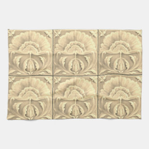 Art nouveau jugendstil flower tile gold cream  kitchen towel