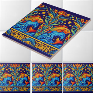 Art Nouveau Koi Fish & Flowers Frieze Pattern Tile