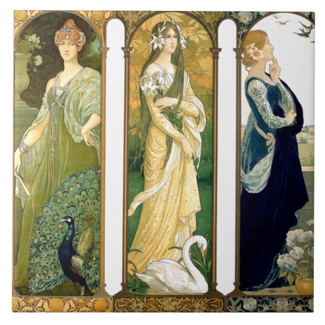 Art Nouveau Lady Bird Swan Peacock Flower Tile (Front)