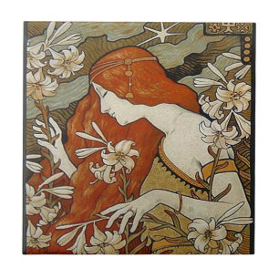 Art Nouveau Lady Flowers Floral Woman Vintage Tile