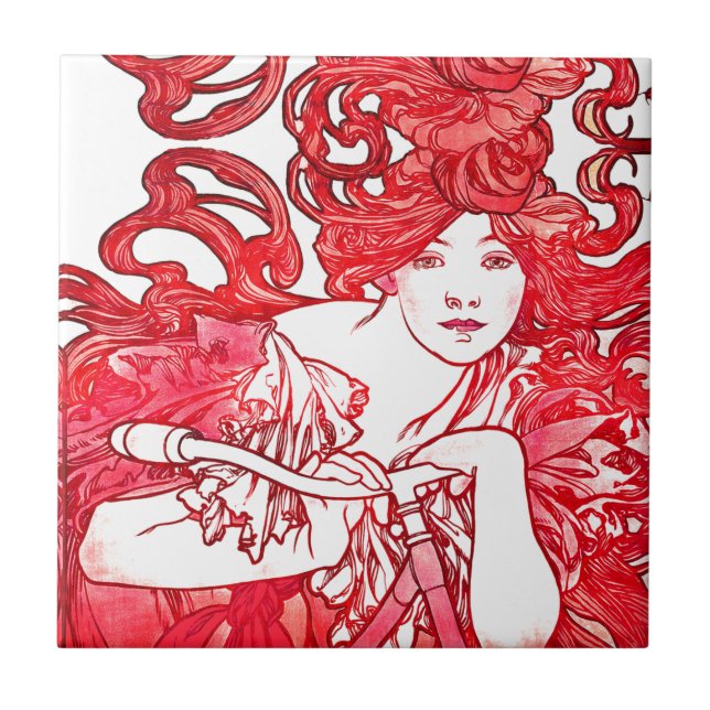 Art Nouveau Lady Mucha Red Hair Bike Tile (Front)