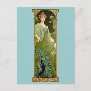 Art Nouveau Lady & Peacock Vintage Illustration Postcard