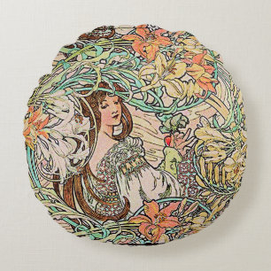 Art Nouveau Language of Flowers by Alphonse Mucha Round Pillow