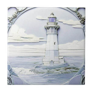 Art Nouveau Lighthouse Faux Relief Light Blue Tile