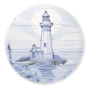 Art Nouveau Lighthouse Ocean Sea Blue and White  Ceramic Knob