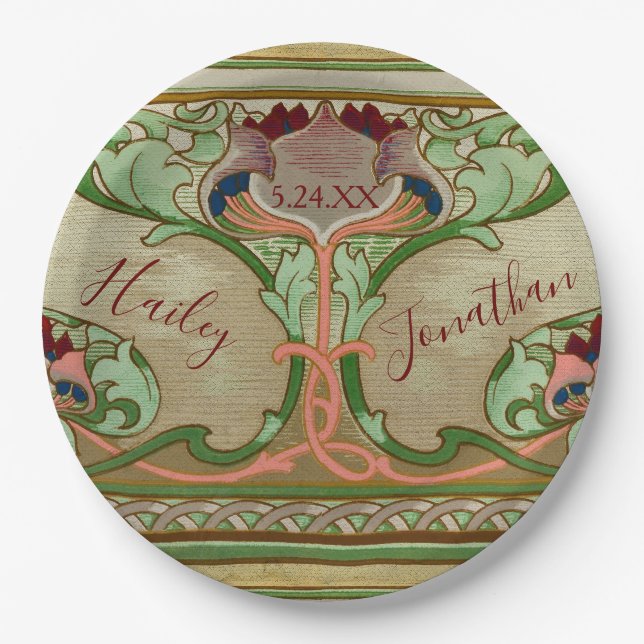 Art Nouveau Lotus Flower Personalize Wedding Decor Paper Plate (Front)