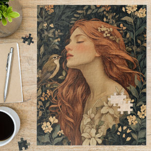 Art Nouveau Maiden Floral Bird Fine Art Jigsaw Puzzle