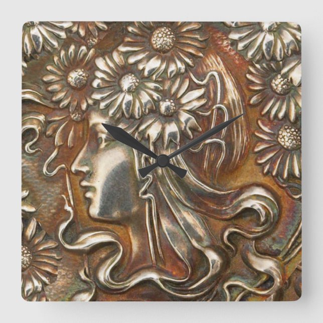 Art Nouveau Maiden Silver Repousse Modern Acryllic Square Wall Clock (Front)