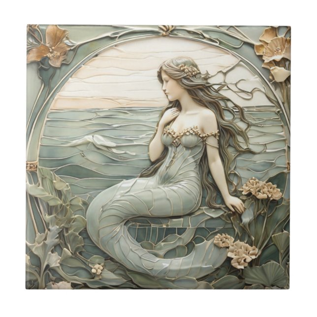 Art Nouveau Mermaid Faux Relief Mint Ocean Sea Tile (Front)