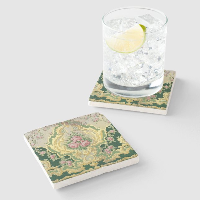 Art Nouveau Metallic Gold Pink Roses Wedding Table Stone Coaster (Side)
