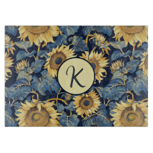 Art Nouveau Monogram Sunflower Glass Cutting Board