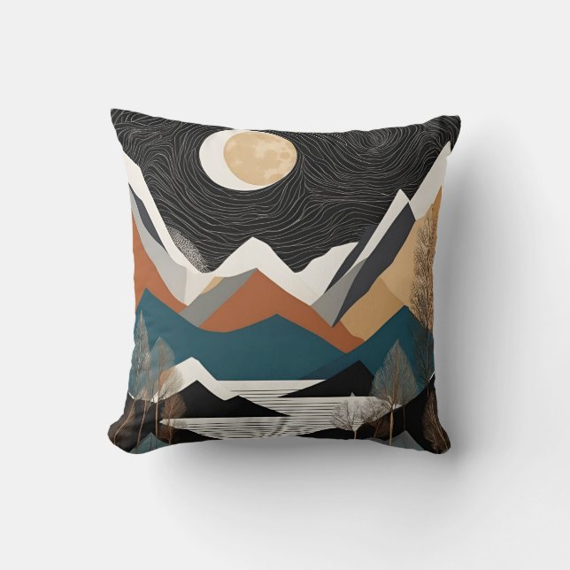 Art Nouveau Moon Over Mountains  Black And Gold  Throw Pillow (Front)