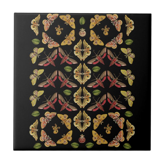 Art Nouveau Moth & Orchid art deco black Tile (Front)