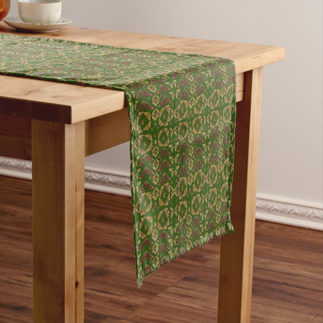 Art Nouveau Moth & Orchid folk art calico green Short Table Runner (In Situ)