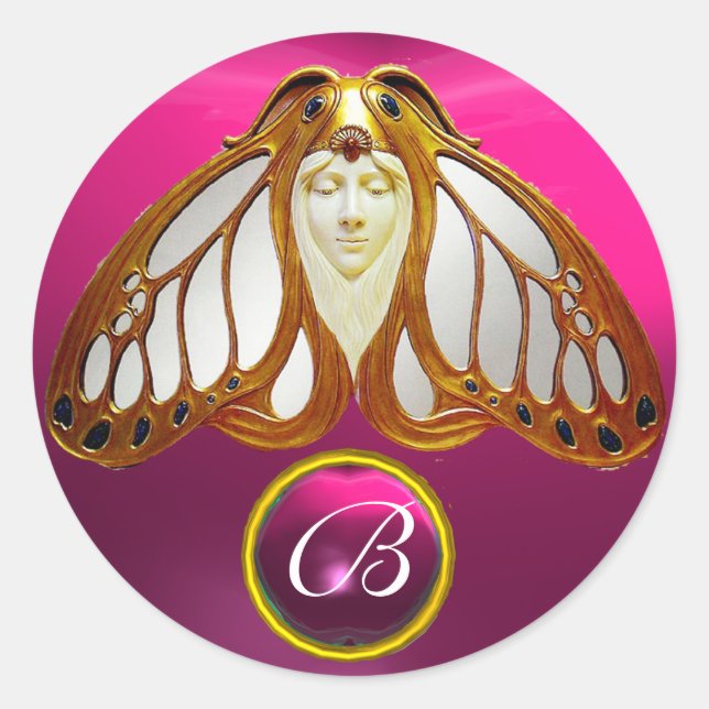 ART NOUVEAU MOTH WOMAN  PINK FUCHSIA GEM MONOGRAM CLASSIC ROUND STICKER (Front)