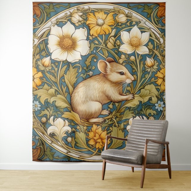 Art nouveau mouse and flowers tapestry (In Situ)