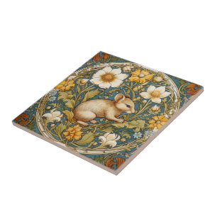 Art nouveau mouse and flowers tile