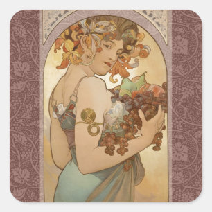 Art Nouveau Mucha Beautiful Woman Fruit Square Sticker