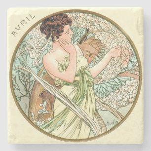 Art Nouveau Mucha Calendar April Stone Coaster