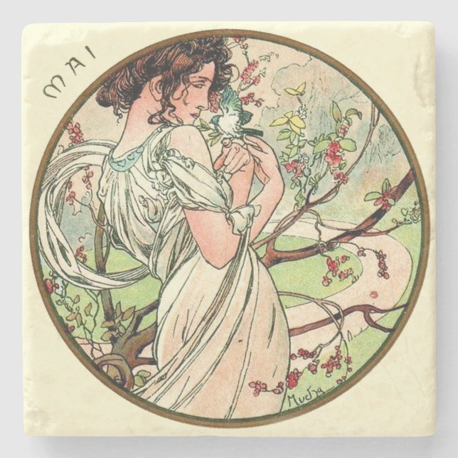 Art Nouveau Mucha Calendar May Stone Coaster (Front)