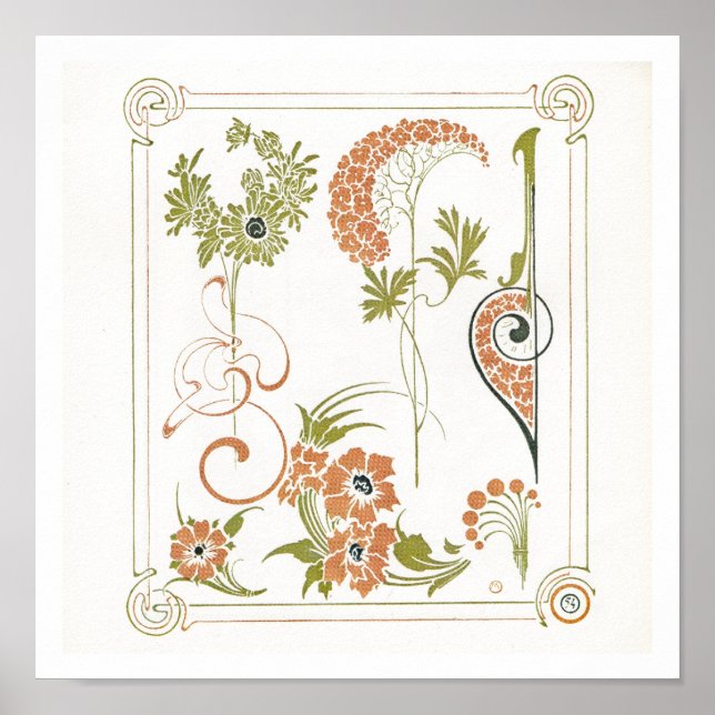 Art nouveau Mucha floral abstract art peach green Poster (Front)