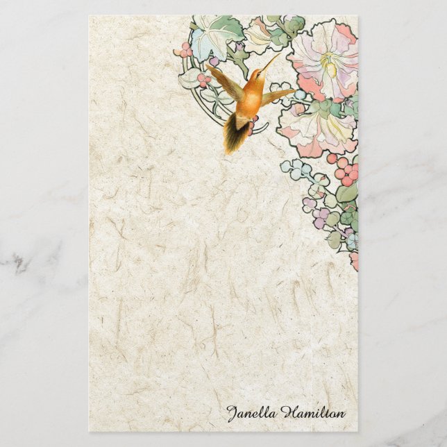 Art Nouveau Mucha Flowers Hummingbird Stationery (Front)