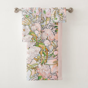 Art Nouveau Mucha Peony Flowers Bath Towel Set