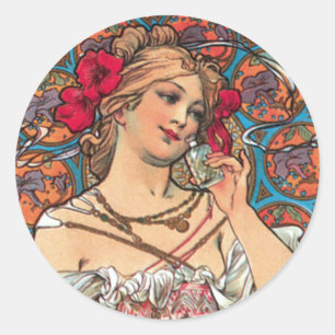 Art Nouveau - Mucha - Perfume Ad Classic Round Sticker