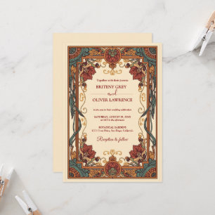 Art Nouveau Mucha vintage burgundy Floral Wedding Invitation