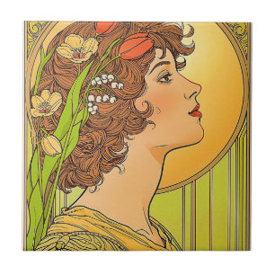 Art -nouveau Muse with spring flowers Tile