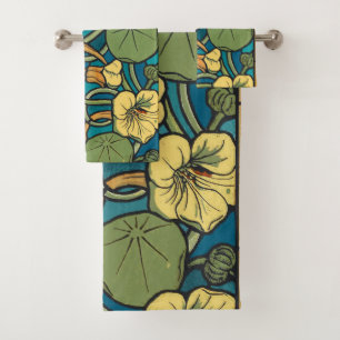Art Nouveau Nasturtium Blue Gold floral Verneuil  Bath Towel Set