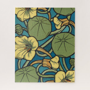 Art Nouveau Nasturtium Blue Gold floral Verneuil  Jigsaw Puzzle