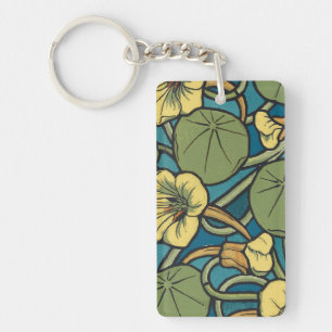 Art Nouveau Nasturtium Blue Gold floral Verneuil  Keychain