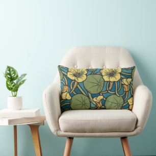 Art Nouveau Nasturtium Blue Gold floral Verneuil  Lumbar Pillow