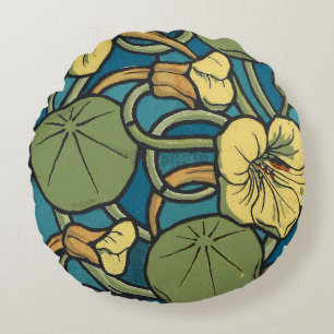 Art Nouveau Nasturtium Blue Gold floral Verneuil  Round Pillow