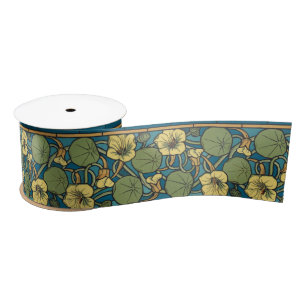 Art Nouveau Nasturtium Blue Gold floral Verneuil  Satin Ribbon