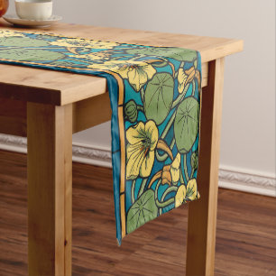 Art Nouveau Nasturtium Blue Gold floral Verneuil  Short Table Runner