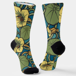 Art Nouveau Nasturtium Blue Gold floral Verneuil  Socks