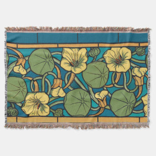 Art Nouveau Nasturtium Blue Gold floral Verneuil  Throw Blanket