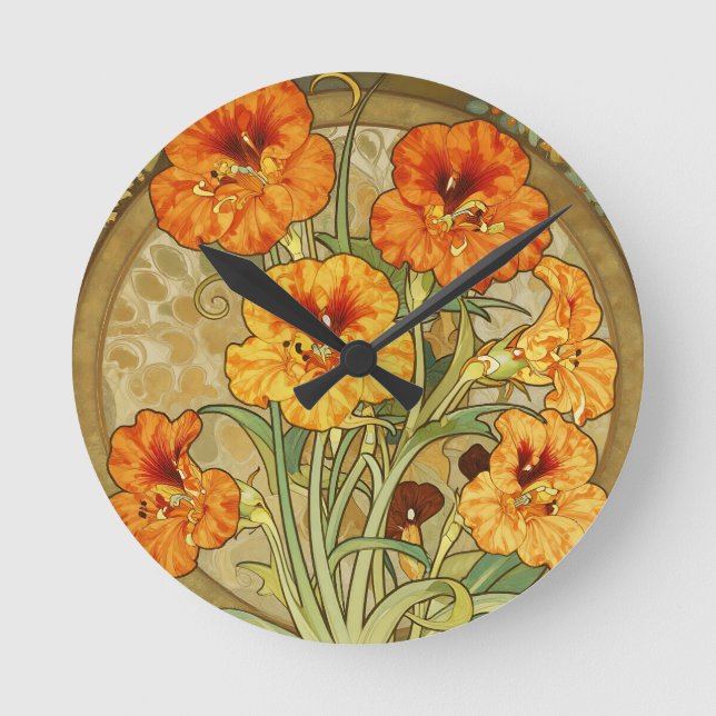 Art Nouveau Nasturtium Floral Pattern Round Clock (Front)