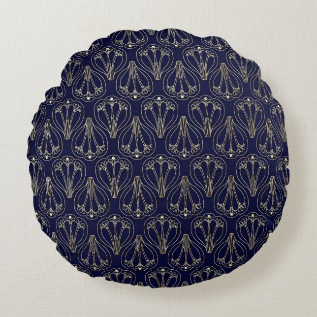 Art Nouveau Navy Blue and Gold Round Pillow (Front)