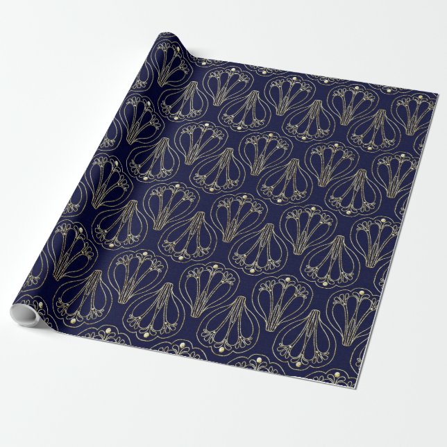 Art Nouveau Navy Blue and Gold Wrapping Paper (Unrolled)