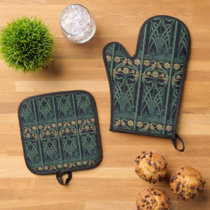 Art Nouveau Old Book Spine Oven Mitt & Pot Holder Set