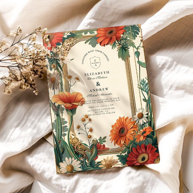 Art Nouveau Orange Floral Wedding Invitation (Creator Uploaded)