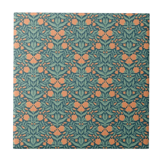 Art Nouveau orange tulip-like floral pattern Tile (Front)