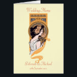 Art nouveau orange yellow wedding menu card<br><div class="desc">Matching the invitations and other items, a menu template for the marriage reception with a beautiful vintage art nouveau lady on a light lemon yellow background with a darker orange swirl, holding a pale orange rose and wearing two roses in her hair. It was drawn by an unknown artist, undated...</div>