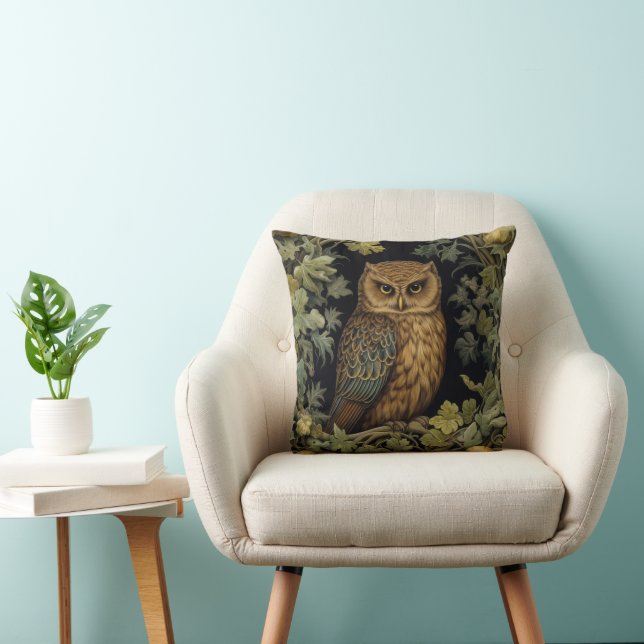 Art nouveau owl in the forest throw pillow (Chair)