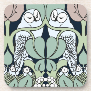 Art Nouveau Owls Nest Pattern Cork Coaster Set