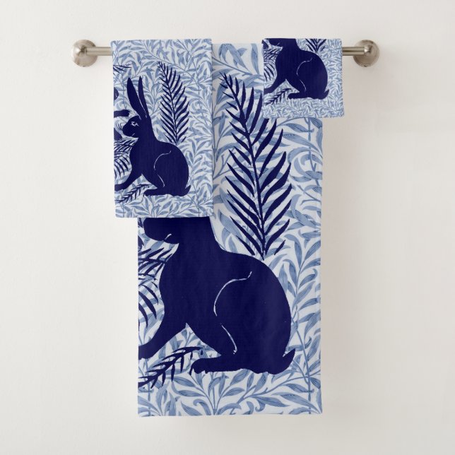 Art Nouveau Pair of Rabbits De Morgan and Morris Bath Towel Set (Insitu)