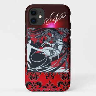 ART NOUVEAU PAN , RED BLACK WHITE DAMASK MONOGRAM iPhone 11 CASE